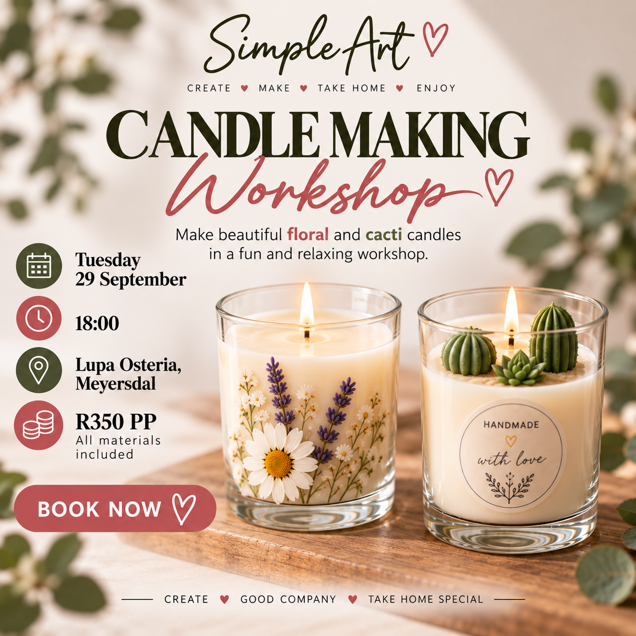 29 September 2026- Candle making- Lupa Osteria, Meyersdal